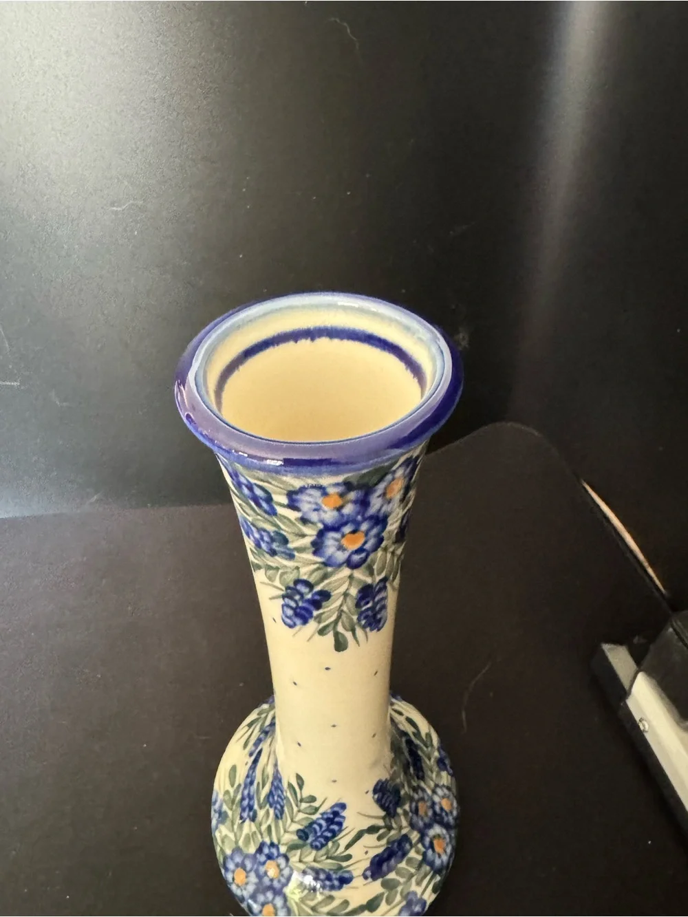 Vintage WR Unikat Polish Pottery Vase Tall Blue Floral Crazing